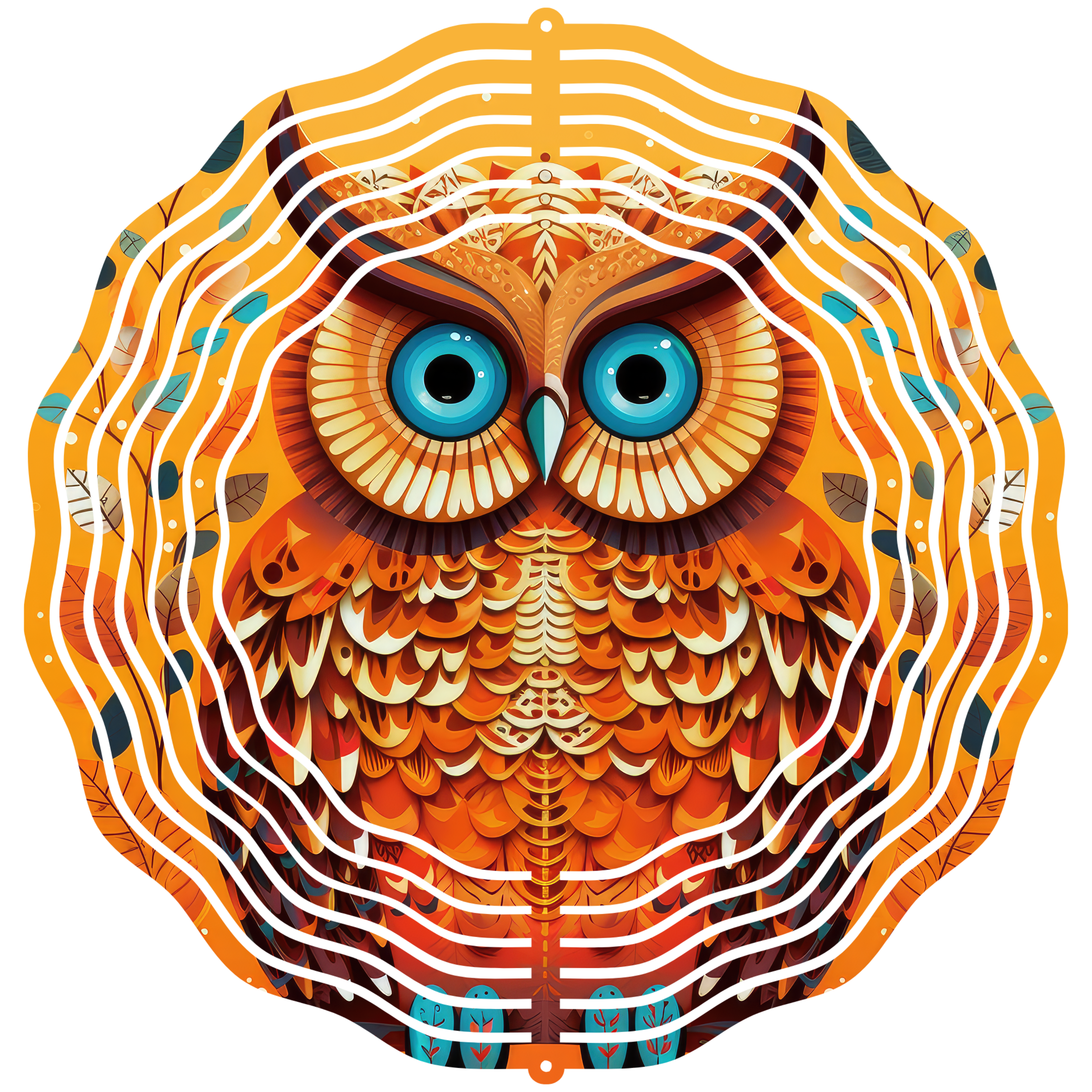 Mockup of an aluminum wind spinner with a blue eyed owl
