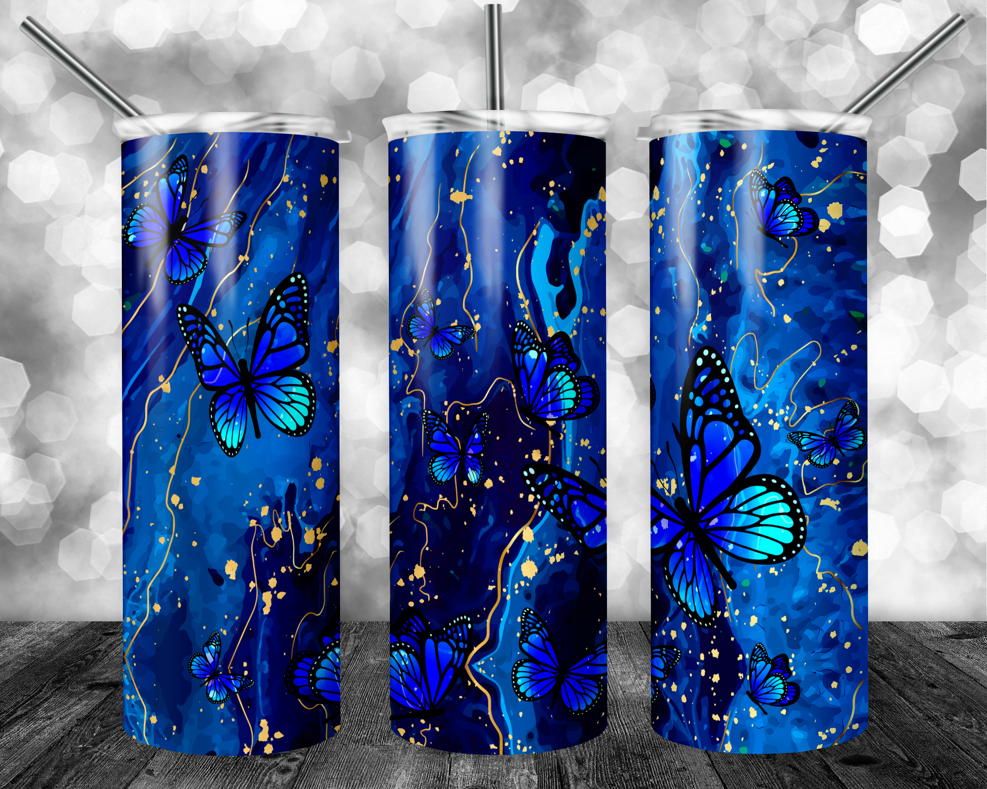 Blue butterfly stainless steel tumbler