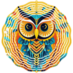 Mockup of an aluminum wind spinner with a yellow-turquoise owl