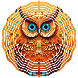 Mockup of an aluminum wind spinner with a blue eyed owl