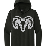 Black t-shirt weight hoodie with silver Ram design on a white background