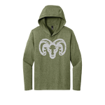 An olive green hooded sweatshirt with a distressed white ram's head graphic printed on the chest, displayed against a solid white background.
