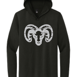 A black pullover hoodie featuring a distressed white ram skull graphic on the chest, displayed against a solid white background.
