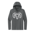 A dark gray pullover hoodie featuring a distressed white ram's head graphic printed on the chest, displayed against a solid white background.