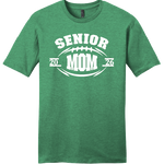 A heather green short-sleeve t-shirt with a white graphic on the chest that reads 'SENIOR MOM 2026' inside a football design, shown on a plain white background.