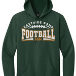 A dark green pullover hoodie featuring a 'EASTSIDE RAMS FOOTBALL 2026' graphic on the chest, displayed against a solid white background.