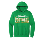 A bright green pullover hoodie with a front graphic reading 'EASTSIDE RAMS FOOTBALL 2026' in white and orange, shown on a plain white background.