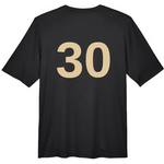 Mockup of a Black t-shirt with gold number 30 on the back against a white background