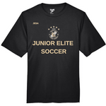 Mockup of a black short sleeve performance t-shirt with 'Junior Elite Soccer' text and logo in gold on a white background