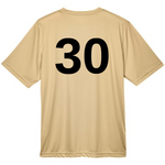 Mockup of a gold performance t-shirt with the number 30 printed on the back against a white background