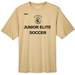 Mockup of a gold short sleeve performance t-shirt with 'Junior Elite Soccer' text and logo in black on a white background