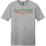 A heather gray short-sleeve crewneck t-shirt featuring a graphic print on the chest that reads 'EASTSIDE' in green block letters, with 'the best side' written underneath in orange script.