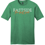 A heather kelly green short-sleeve t-shirt with 'EASTSIDE' printed in white block letters and 'the best side' in orange script across the chest, displayed on a solid white background.