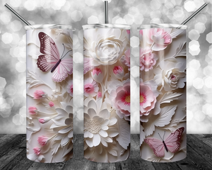 Pink and white 3D Flowers & Butterflies stainless steel tumbler