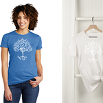 model wearing blue short sleeve t-shirt with white graphic. graphic is a swirly white deisgn of a tree with a yogi in warrior 3 as the trunk